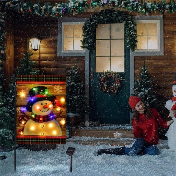 Lighted Christmas Garden Flag for Outside, Led Snowman Garden Flag, Winter Yard - Picture 5 of 8